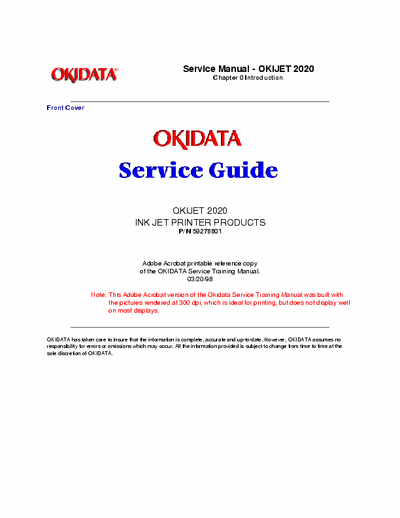 Oki OKIJET 2020 Okidata Jet 2020 InkJet Service Manual